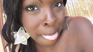 Black babe Coco Ray does blowjob, handjob & titjob & this white meat is cumming in her mouth