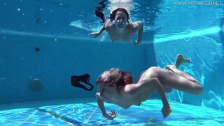 Jessica & Lindsay swim naked in the pool